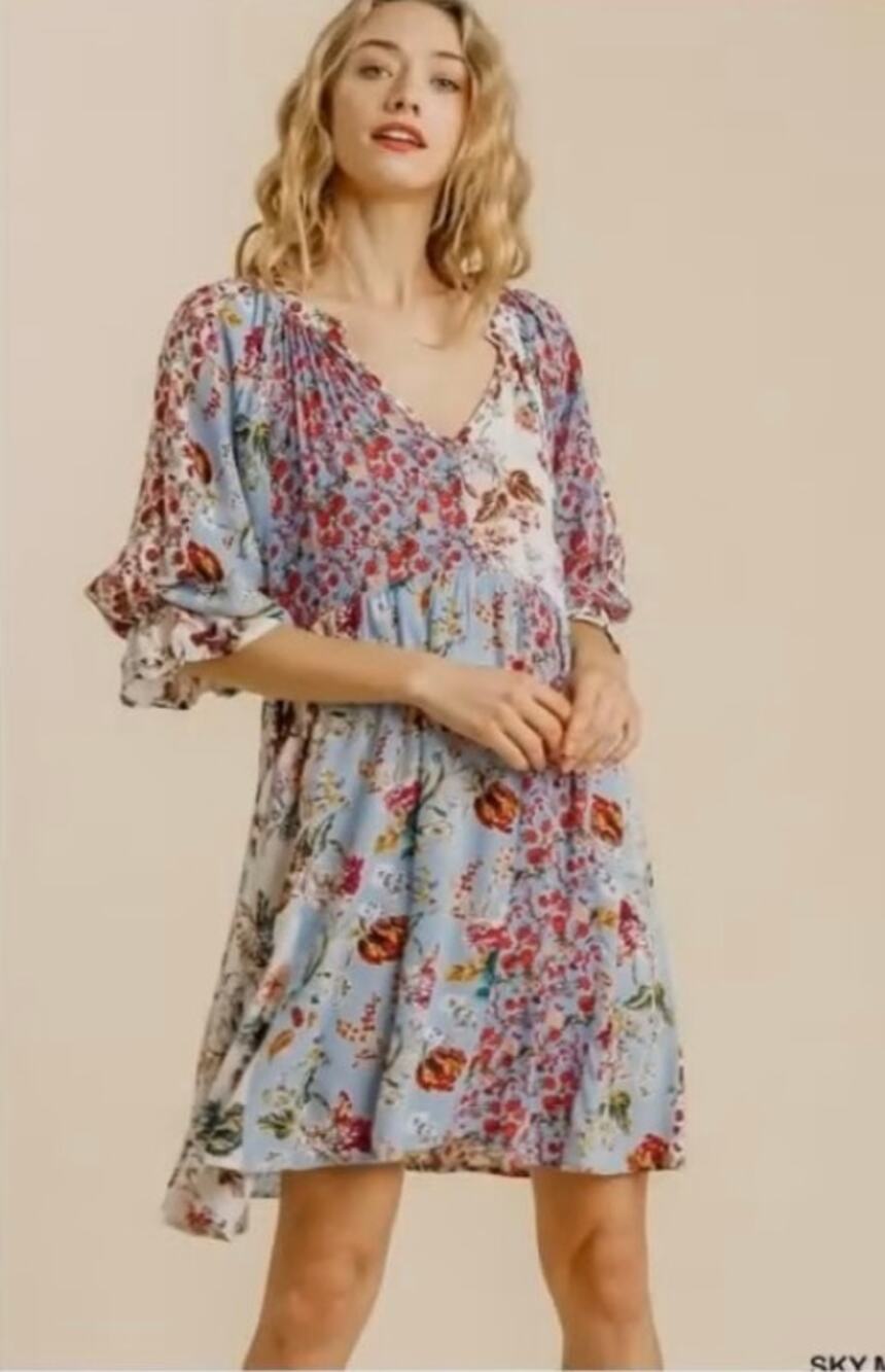 Umgee Women's Mixed Floral Patchwork Boho Print Babydoll Dress - Size Small